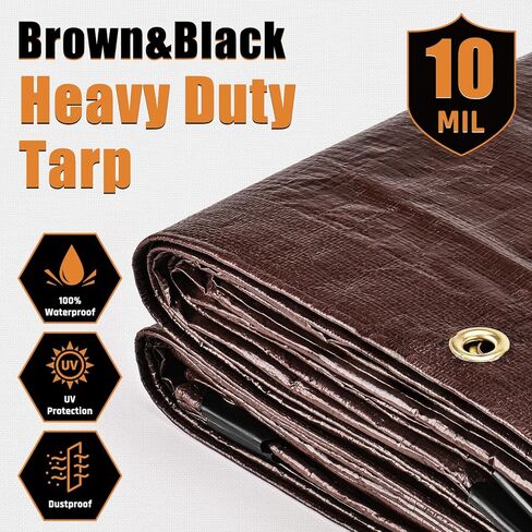 10x12FT Waterproof Tarp, Yumatum 10 Mil Heavy Duty Tarps with Reinforced Edges/Brass Grommets, 100% UV Blocking/Tear Resistant Poly Tarp for Camping, Patio, Tent, Boat(Brown/Black) in Saudi Arabia
