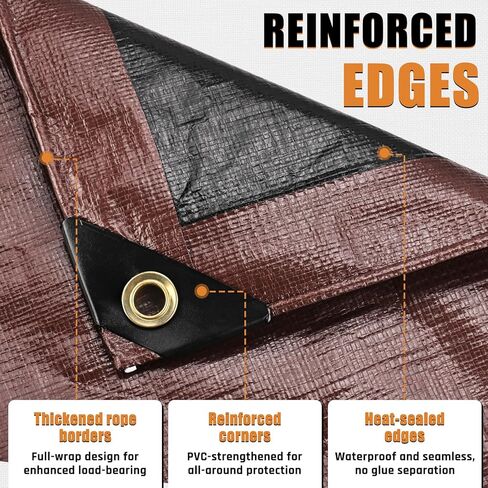 10x12FT Waterproof Tarp, Yumatum 10 Mil Heavy Duty Tarps with Reinforced Edges/Brass Grommets, 100% UV Blocking/Tear Resistant Poly Tarp for Camping, Patio, Tent, Boat(Brown/Black) in Saudi Arabia