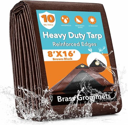 10x12FT Waterproof Tarp, Yumatum 10 Mil Heavy Duty Tarps with Reinforced Edges/Brass Grommets, 100% UV Blocking/Tear Resistant Poly Tarp for Camping, Patio, Tent, Boat(Brown/Black) in Saudi Arabia