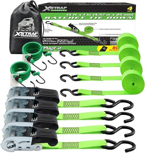 XSTRAP STANDARD 4 Pack 1" x 15Ft Ratchet Tie Down Straps - 500Lbs Load Cap, 1500Lb Break Strength, Includes 2 Bungee Cords for Moving Appliances & Motorcycle, Green in Saudi Arabia