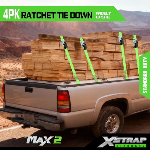 XSTRAP STANDARD 4 Pack 1" x 15Ft Ratchet Tie Down Straps - 500Lbs Load Cap, 1500Lb Break Strength, Includes 2 Bungee Cords for Moving Appliances & Motorcycle, Green in Saudi Arabia