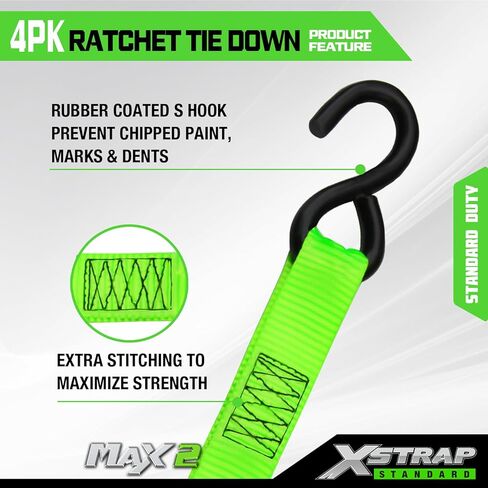 XSTRAP STANDARD 4 Pack 1" x 15Ft Ratchet Tie Down Straps - 500Lbs Load Cap, 1500Lb Break Strength, Includes 2 Bungee Cords for Moving Appliances & Motorcycle, Green in Saudi Arabia