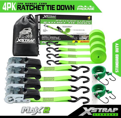 XSTRAP STANDARD 4 Pack 1" x 15Ft Ratchet Tie Down Straps - 500Lbs Load Cap, 1500Lb Break Strength, Includes 2 Bungee Cords for Moving Appliances & Motorcycle, Green in Saudi Arabia