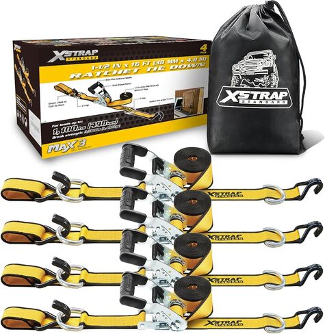 XSTRAP STANDARD 4 Pack 1" x 15Ft Ratchet Tie Down Straps - 500Lbs Load Cap, 1500Lb Break Strength, Includes 2 Bungee Cords for Moving Appliances & Motorcycle, Green in Saudi Arabia