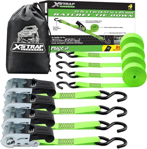 XSTRAP STANDARD 4 Pack 1" x 15Ft Ratchet Tie Down Straps - 500Lbs Load Cap, 1500Lb Break Strength, Includes 2 Bungee Cords for Moving Appliances & Motorcycle, Green in Saudi Arabia