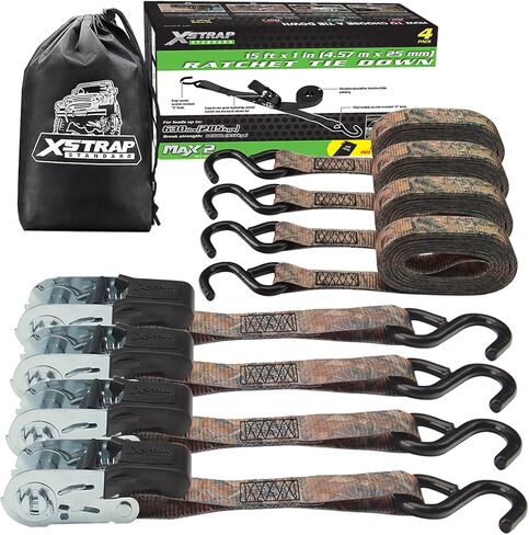XSTRAP STANDARD 4 Pack 1" x 15Ft Ratchet Tie Down Straps - 500Lbs Load Cap, 1500Lb Break Strength, Includes 2 Bungee Cords for Moving Appliances & Motorcycle, Green in Saudi Arabia