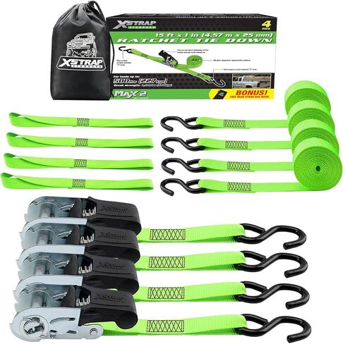 XSTRAP STANDARD 4 Pack 1" x 15Ft Ratchet Tie Down Straps - 500Lbs Load Cap, 1500Lb Break Strength, Includes 2 Bungee Cords for Moving Appliances & Motorcycle, Green in Saudi Arabia
