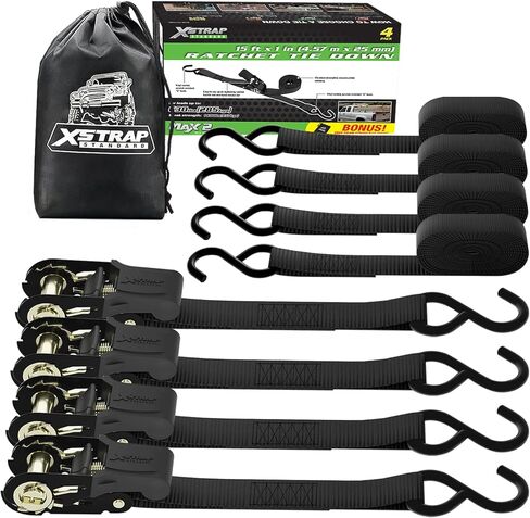 XSTRAP STANDARD 4 Pack 1" x 15Ft Ratchet Tie Down Straps - 500Lbs Load Cap, 1500Lb Break Strength, Includes 2 Bungee Cords for Moving Appliances & Motorcycle, Green in Saudi Arabia
