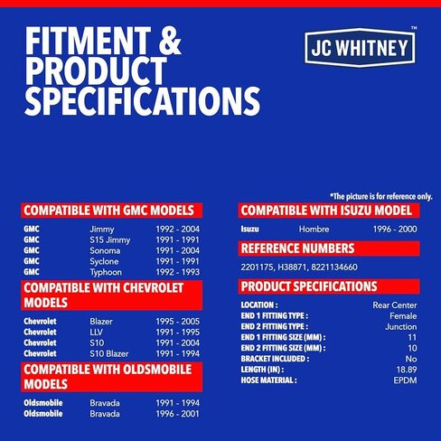 JC Whitney JFBAJCWBHH00053 خرطوم هيدروليكي للفرامل المركزية الخلفية - متوافق مع شيفروليه بليزر 95-05، LLV 91-95، S10 91-04، S10 Blazer 91-94، GMC Jimmy 92-04، Sonoma 91-04، S15 Jimmy 1991 in Kuwait