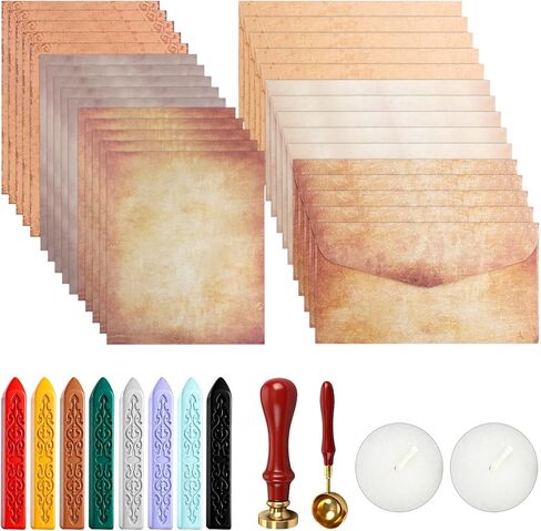 42 Pcs Vintage Paper and Envelopes Set Including 15 Envelopes Sealing 15 Writing Stationery Paper Letter 8 Wax Sticks 2 Tea Candles Wax Spoon and Seal Stamp for Stamp, Parcels, Invitations in Saudi Arabia