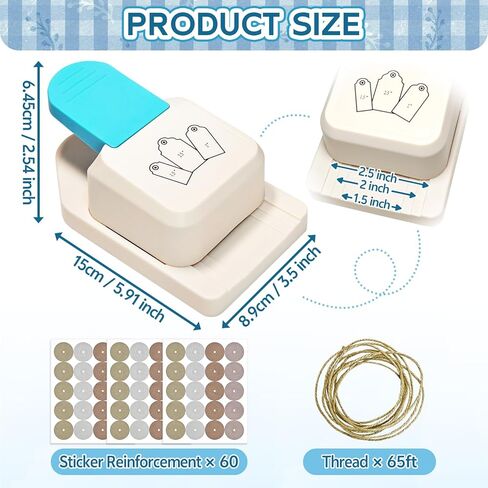 3 in 1 Tag Punch for Cardstock, 1.5/2/2.5 Inch Craft Paper Punch with 60 Sticker Reinforcement Jute String for Making Hang Tag,Price Tag in Saudi Arabia