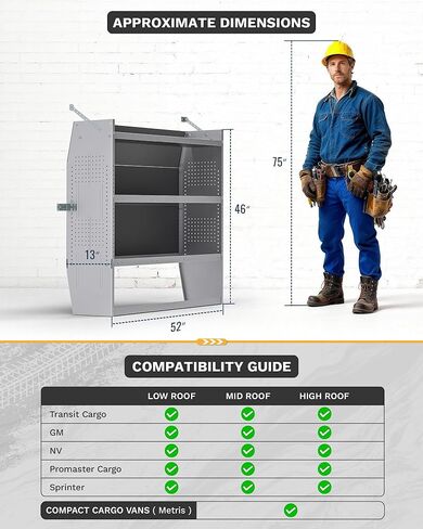 SV-5246 Steel Low/Mid/High Roof Van Shelving Storage System Fits Transit, GM, NV, Promaster, Sprinter and Metris, Contoured Shelving Unit, 52" W x 46" H x 13" D in Saudi Arabia