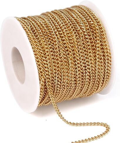 33 Feet 18K Gold PVD Plated Stainless Steel Curb Chain Bulk, 2mm 304 Stainless Steel Flat Twisted Link Chains Roll Spool for Jewelry Making Necklace DIY Craft in Kuwait
