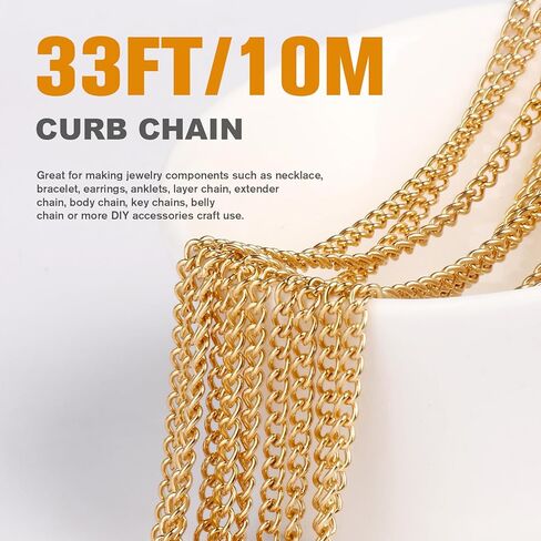 33 Feet 18K Gold PVD Plated Stainless Steel Curb Chain Bulk, 2mm 304 Stainless Steel Flat Twisted Link Chains Roll Spool for Jewelry Making Necklace DIY Craft in Kuwait