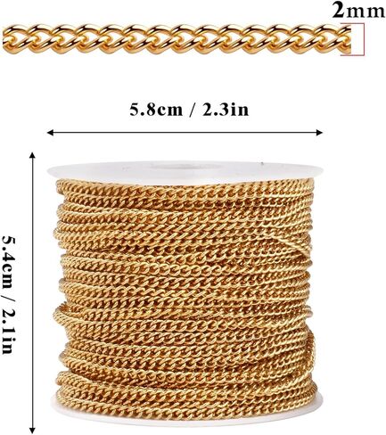 33 Feet 18K Gold PVD Plated Stainless Steel Curb Chain Bulk, 2mm 304 Stainless Steel Flat Twisted Link Chains Roll Spool for Jewelry Making Necklace DIY Craft in Kuwait