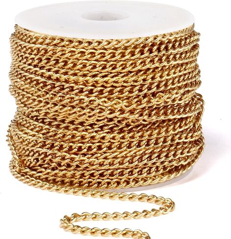 33 Feet 18K Gold PVD Plated Stainless Steel Curb Chain Bulk, 2mm 304 Stainless Steel Flat Twisted Link Chains Roll Spool for Jewelry Making Necklace DIY Craft in Kuwait
