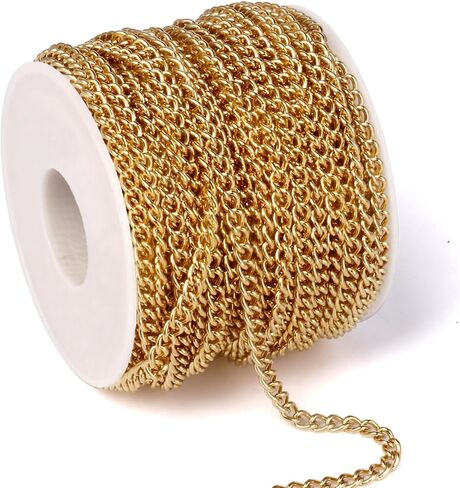 33 Feet 18K Gold PVD Plated Stainless Steel Curb Chain Bulk, 2mm 304 Stainless Steel Flat Twisted Link Chains Roll Spool for Jewelry Making Necklace DIY Craft in Kuwait