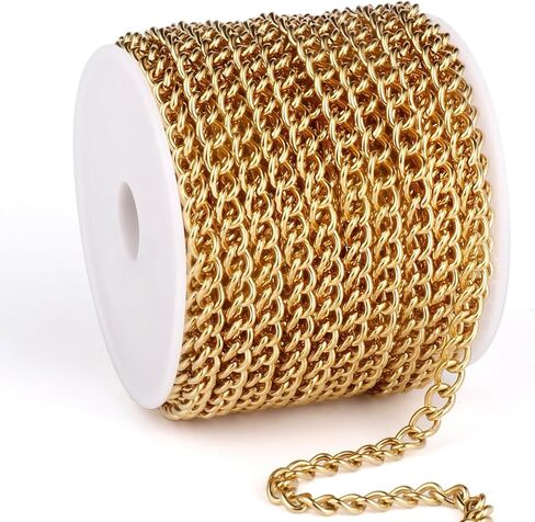 33 Feet 18K Gold PVD Plated Stainless Steel Curb Chain Bulk, 2mm 304 Stainless Steel Flat Twisted Link Chains Roll Spool for Jewelry Making Necklace DIY Craft in Kuwait