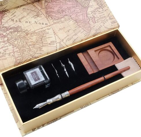 Antique Wooden Stem Pen Handcrafted Calligraphy Pen Set Dip Nib Pens-Writing Case With Black Ink Pen Wooden Holder Cartridges LL-184 in Kuwait
