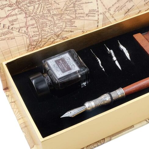 Antique Wooden Stem Pen Handcrafted Calligraphy Pen Set Dip Nib Pens-Writing Case With Black Ink Pen Wooden Holder Cartridges LL-184 in Kuwait