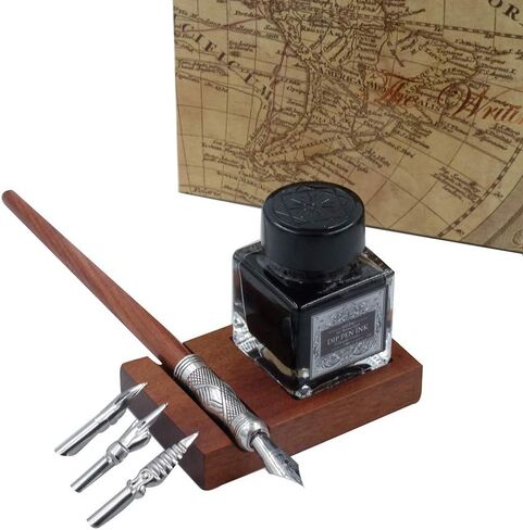 Antique Wooden Stem Pen Handcrafted Calligraphy Pen Set Dip Nib Pens-Writing Case With Black Ink Pen Wooden Holder Cartridges LL-184 in Kuwait