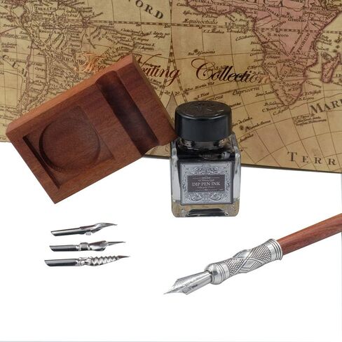 Antique Wooden Stem Pen Handcrafted Calligraphy Pen Set Dip Nib Pens-Writing Case With Black Ink Pen Wooden Holder Cartridges LL-184 in Kuwait