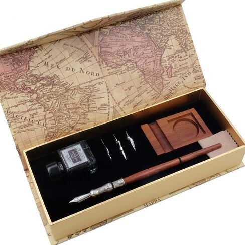 Antique Wooden Stem Pen Handcrafted Calligraphy Pen Set Dip Nib Pens-Writing Case With Black Ink Pen Wooden Holder Cartridges LL-184 in Kuwait
