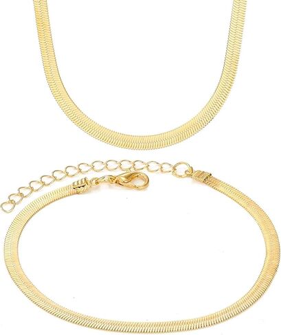 WCRAZYE Gold Herringbone Choker Necklace Bracelet sets for Women Snake Chain Flat Necklace and Bracelet Set Snake Chain Jewelry in Saudi Arabia