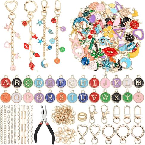Flewyum 198Pcs Charms Lip Gloss Keychain Making Kit, DIY Craft Supplies with Charms, Key Chain Hooks, Jump Rings, Lobster Clasps, Chains & Tools, Jewelry Making Kit for DIY Craft Gifts. in Kuwait