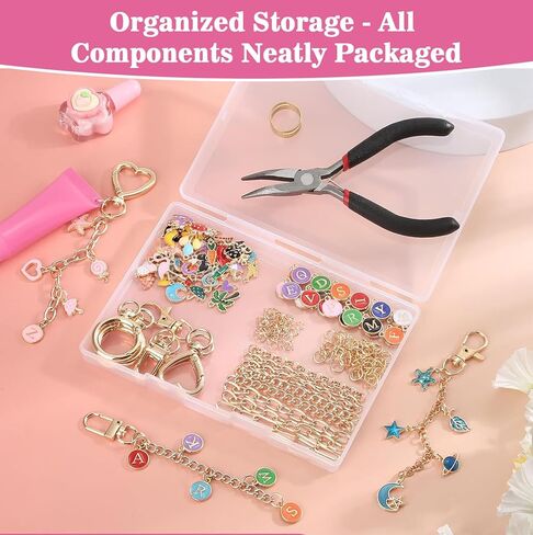 Flewyum 198Pcs Charms Lip Gloss Keychain Making Kit, DIY Craft Supplies with Charms, Key Chain Hooks, Jump Rings, Lobster Clasps, Chains & Tools, Jewelry Making Kit for DIY Craft Gifts. in Kuwait