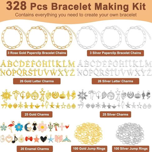 NEBURORA 328 Pcs Charm Bracelet Making Kit Rose Gold Silver Chain Bracelets Includes Paperclip Chain Bracelets Small Pendants and Jumping Rings for DIY Jewelry Making in Kuwait