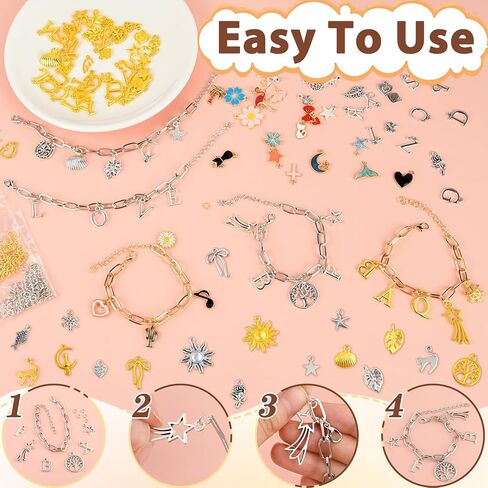 NEBURORA 328 Pcs Charm Bracelet Making Kit Rose Gold Silver Chain Bracelets Includes Paperclip Chain Bracelets Small Pendants and Jumping Rings for DIY Jewelry Making in Kuwait