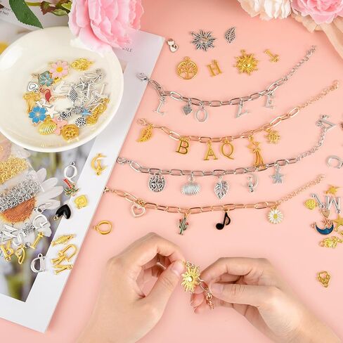 NEBURORA 328 Pcs Charm Bracelet Making Kit Rose Gold Silver Chain Bracelets Includes Paperclip Chain Bracelets Small Pendants and Jumping Rings for DIY Jewelry Making in Kuwait