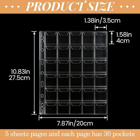 150pcs Pocket Coin Sleeves for All Coins, Plastic Pockets Coin Holders for Collectors, 5 Sheets Coin Pages Collection Storage Supplies for Stamp, Badges, SD Cards- Clear in Saudi Arabia