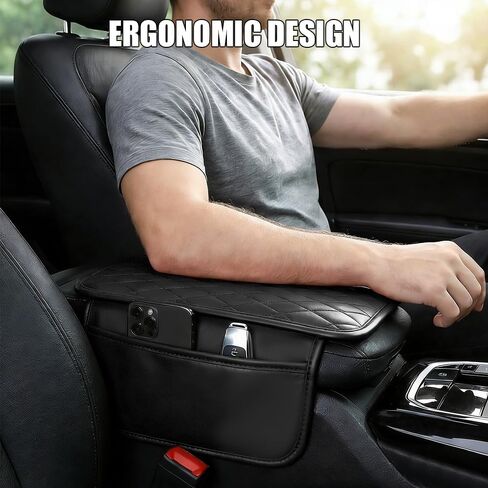 Car Center Console Cover, Arm Rest Cover for Car, Leather Armrest Cushion Pad with 2 Storage Bags, Automotive Interior Arm Rest Seat Box Pad Accessories for Most SUV Sedan Truck (Black) in Kuwait