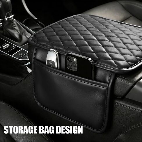 Car Center Console Cover, Arm Rest Cover for Car, Leather Armrest Cushion Pad with 2 Storage Bags, Automotive Interior Arm Rest Seat Box Pad Accessories for Most SUV Sedan Truck (Black) in Kuwait