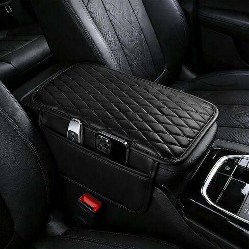 Car Center Console Cover, Arm Rest Cover for Car, Leather Armrest Cushion Pad with 2 Storage Bags, Automotive Interior Arm Rest Seat Box Pad Accessories for Most SUV Sedan Truck (Black) in Kuwait
