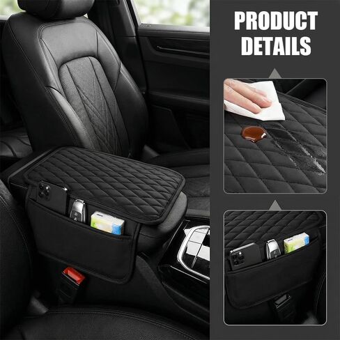 Car Center Console Cover, Arm Rest Cover for Car, Leather Armrest Cushion Pad with 2 Storage Bags, Automotive Interior Arm Rest Seat Box Pad Accessories for Most SUV Sedan Truck (Black) in Kuwait