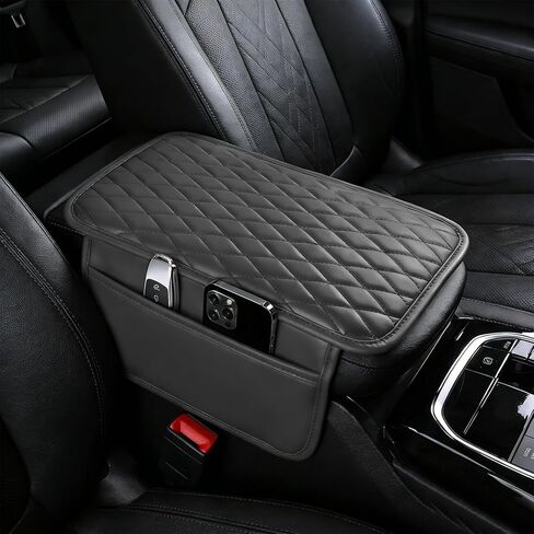Car Center Console Cover, Arm Rest Cover for Car, Leather Armrest Cushion Pad with 2 Storage Bags, Automotive Interior Arm Rest Seat Box Pad Accessories for Most SUV Sedan Truck (Black) in Kuwait