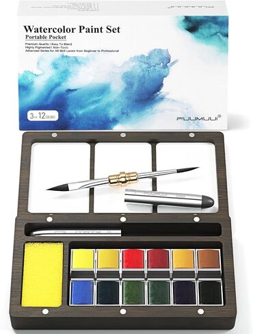 Fuumuui Watercolor Paint Set, 24 Watercolor Paints with Dual Tip Travel Watercolor Brushes Wooden Palette, Art Supplies for Painting, Travel Watercolor Set, Amateur Hobbyists in Saudi Arabia