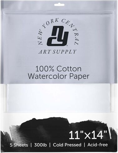 ورق ألوان مائية مركزي من نيويورك - 16x20-1 حزمة من 5 ورقات - 300 رطل. ضغط بارد - 100% قطن، خالي من الأحماض، جودة أرشيفية، وسادة ورقية بألوان مائية بيضاء ساطعة للوسائط الرطبة والجافة in Kuwait