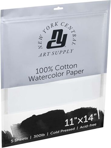 ورق ألوان مائية مركزي من نيويورك - 16x20-1 حزمة من 5 ورقات - 300 رطل. ضغط بارد - 100% قطن، خالي من الأحماض، جودة أرشيفية، وسادة ورقية بألوان مائية بيضاء ساطعة للوسائط الرطبة والجافة in Kuwait