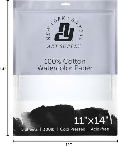 ورق ألوان مائية مركزي من نيويورك - 16x20-1 حزمة من 5 ورقات - 300 رطل. ضغط بارد - 100% قطن، خالي من الأحماض، جودة أرشيفية، وسادة ورقية بألوان مائية بيضاء ساطعة للوسائط الرطبة والجافة in Kuwait