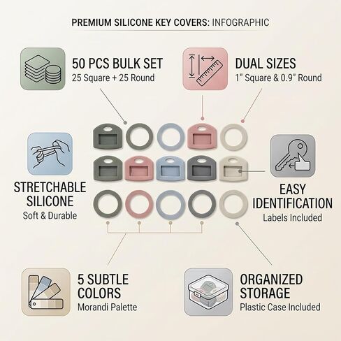 50PCS Silicone Key Covers, Color Key Identifiers and Key Labels Set, Square & Round Key Caps for House Keys Organization and Easy Identification in Saudi Arabia