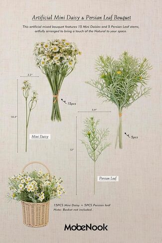 MOBENOOK Daisies Flowers Artificial,Persian Leaf,Wild Flower Bouquet,20pcs,Tansy Greenery,Realistic, Silk Flowers for Home Decor Indoor, Wedding Bouquets(White) in Saudi Arabia