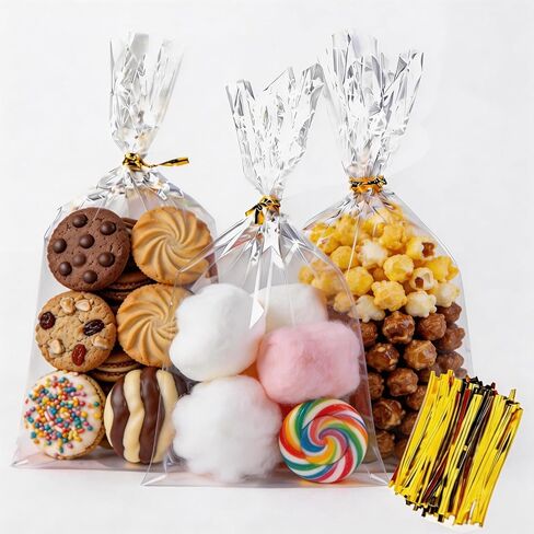 INFLORAL 100 Pcs Premium Clear Cellophane Bags 6x10 inch with Gold Twist Ties, Food-Grade Tear-Resistant Treat Bags for Cookies, Candy, Popcorn & Party Favors, Gift Giving & Bakery Packaging in Saudi Arabia