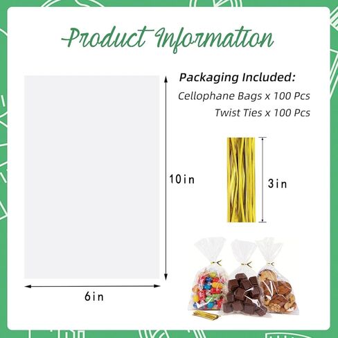 INFLORAL 100 Pcs Premium Clear Cellophane Bags 6x10 inch with Gold Twist Ties, Food-Grade Tear-Resistant Treat Bags for Cookies, Candy, Popcorn & Party Favors, Gift Giving & Bakery Packaging in Saudi Arabia