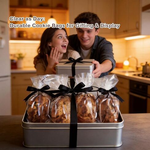 INFLORAL 100 Pcs Premium Clear Cellophane Bags 6x10 inch with Gold Twist Ties, Food-Grade Tear-Resistant Treat Bags for Cookies, Candy, Popcorn & Party Favors, Gift Giving & Bakery Packaging in Saudi Arabia