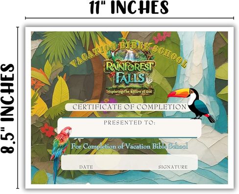Rainforest VBS Certificate of Completion Award 50pk 8.5x11" Tropical Forest Vacation Bible School Waterfall Activity Supplies Attendance in Kuwait