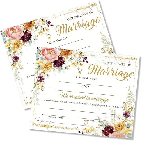 Certificate of Marriage, 25 Pcs Gold Foil Floral Wedding Certificate for Women Men, Proposals Wedding Bridal Shower Ceremony Party Decorations Favors Supplies, 12 in Saudi Arabia